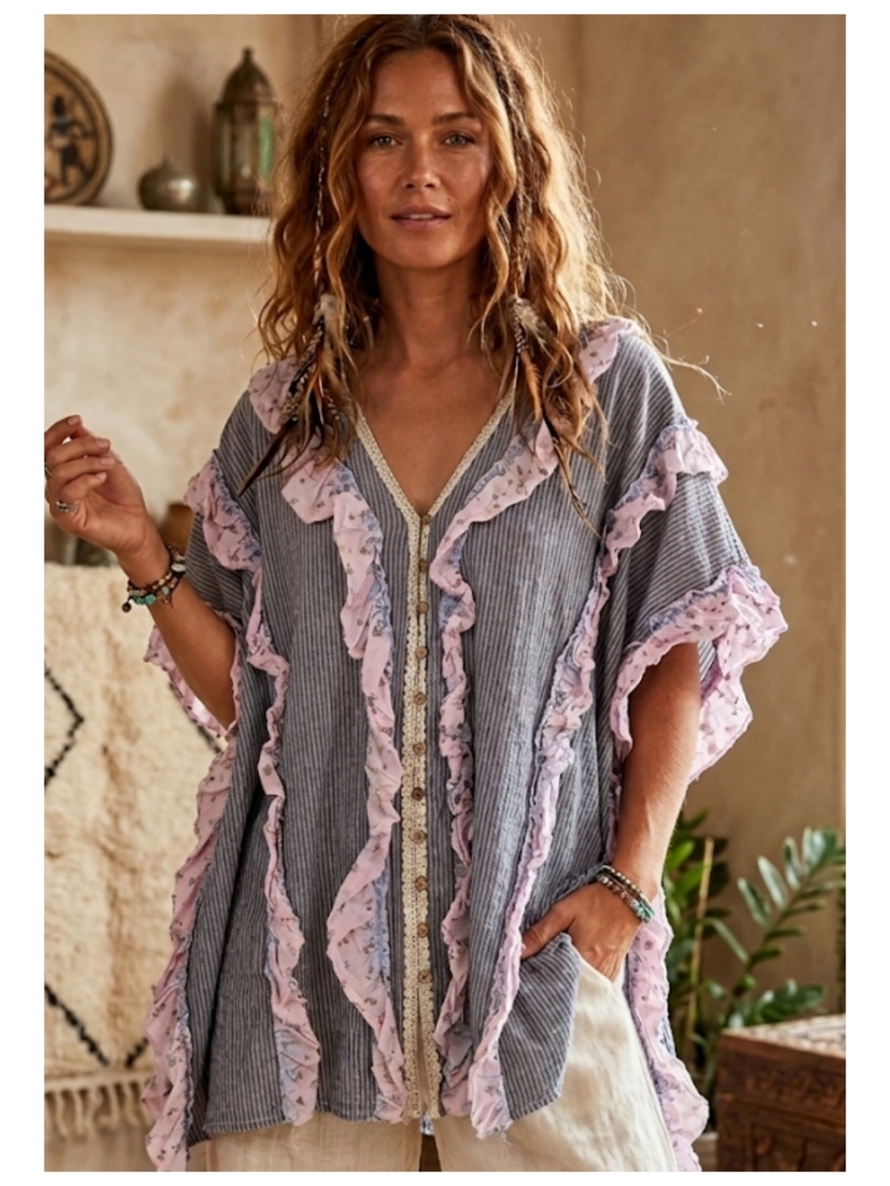 Boho Ruffled Button-Front  in Mineral Washed Distressed Ruffle Tunic